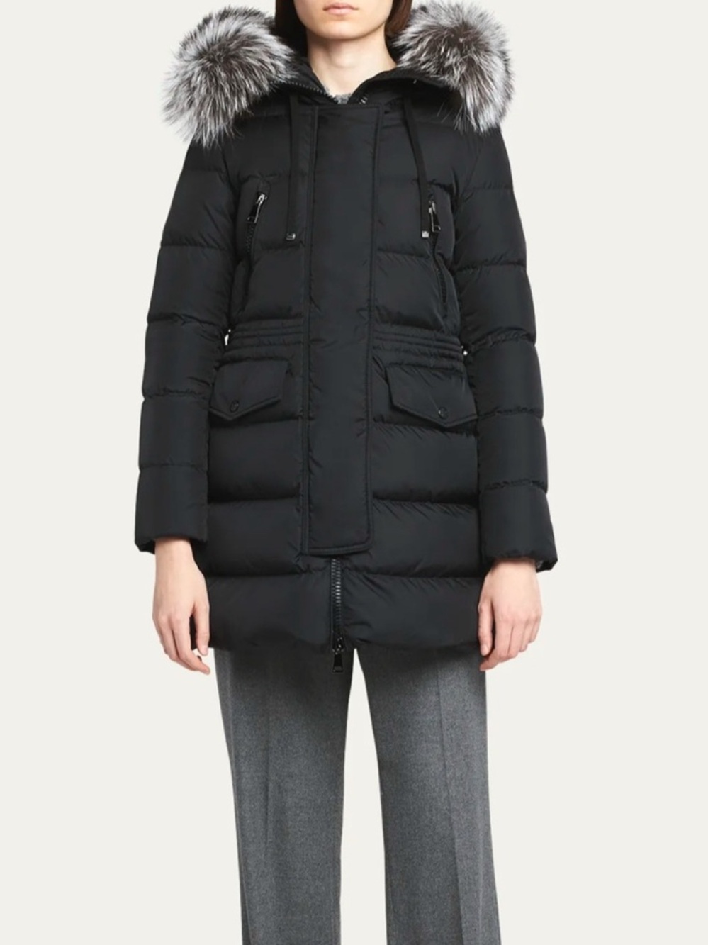 Moncler Black Quilted Down Puffer with Fur-Trim Hood